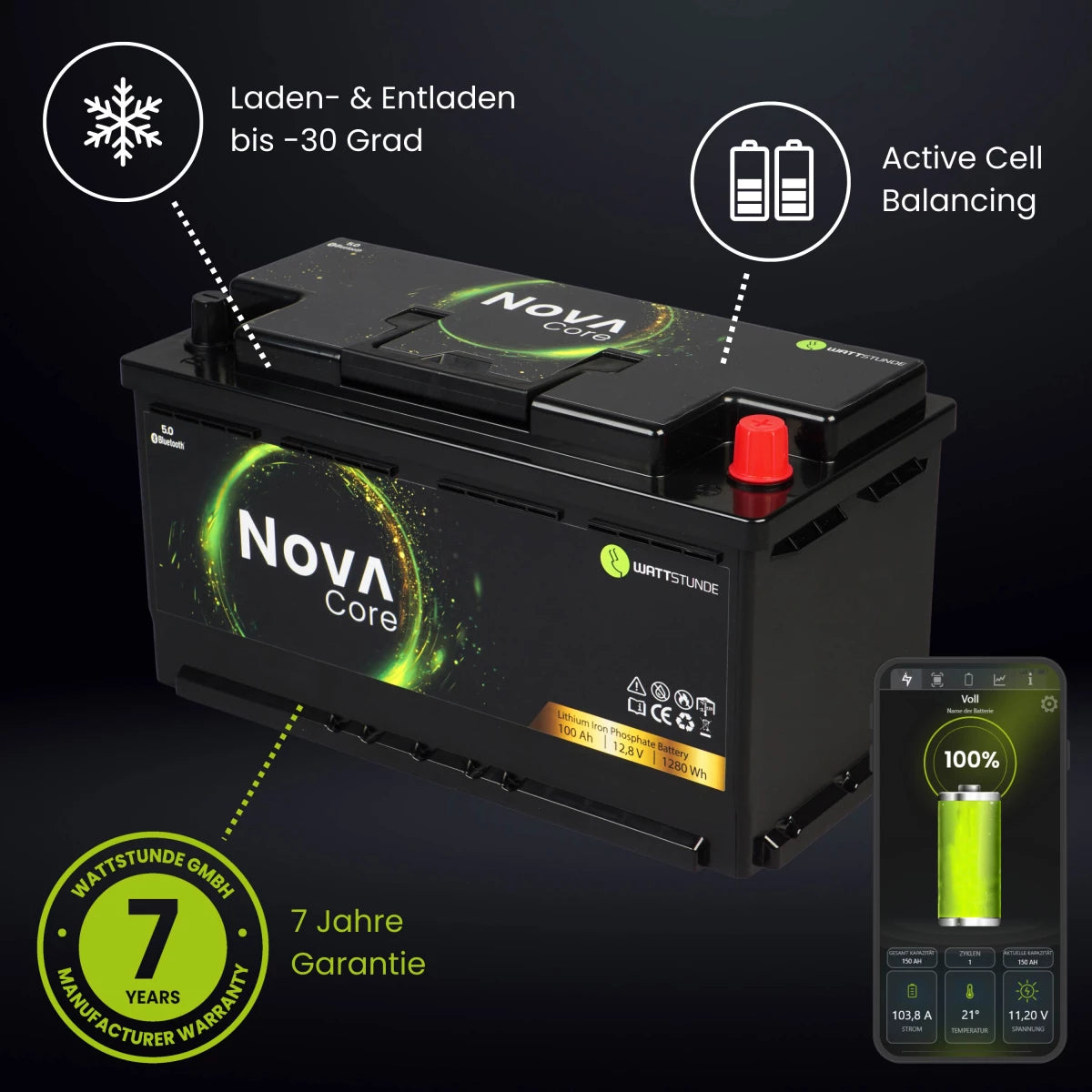 WATTSTUNDE® NOVA Core 100Ah Batterie LiFePO4 (bis -30°C)